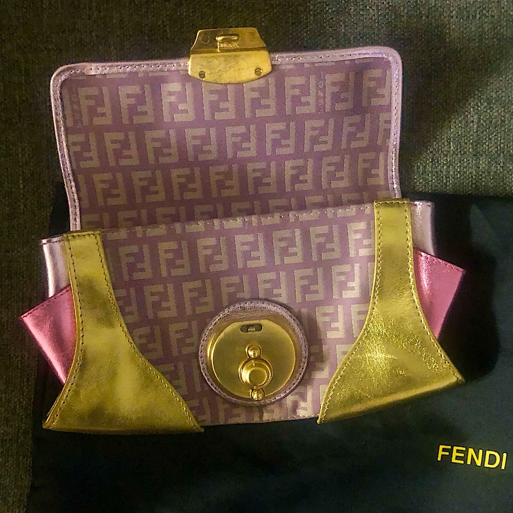 Fendi purple metallic clutch with lock